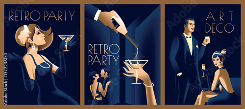 Set of 3 retro party invitation cards. Couple at a party in the style of the early 20th century. Pretty girl tries champagne. Handmade drawing vector illustration. Art Deco style.