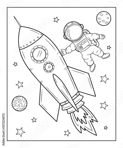 Rocket in space coloring page for kids, black line art vector illustration on white background
