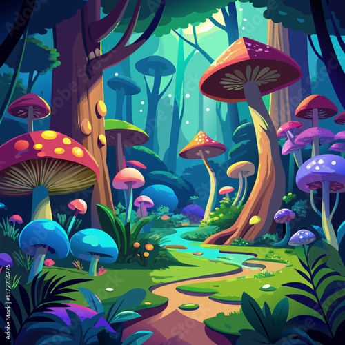 Lush Fantasy Forest with Glowing Mushrooms