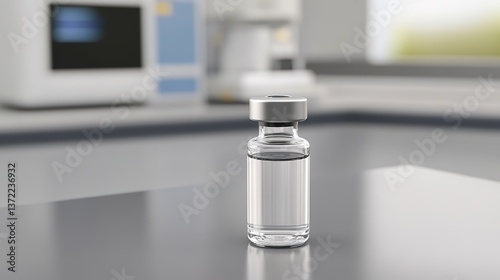 Close-up of a single measles vaccine vial on a clean, sterile surface with medical equipment in the background. Healthcare, immunization, and medical research concepts.
