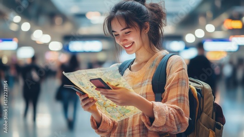 Traveler with map and phone in airport terminal budgetfriendly