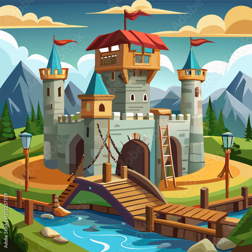 Medieval Castle with Wooden Drawbridge