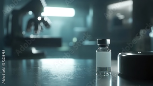 Close-up of a single measles vaccine vial on a clean, sterile surface with medical equipment in the background. Healthcare, immunization, and medical research concepts.
