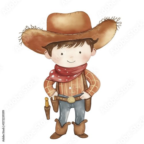 Cute cowboy illustration with friendly expression, wearing hat and bandana, perfect for children themes and storytelling