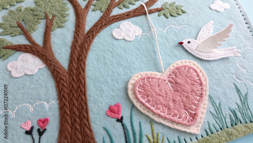 Handmade Knitted Wool Heart with Tree and Dove Felt Art Display Peaceful day