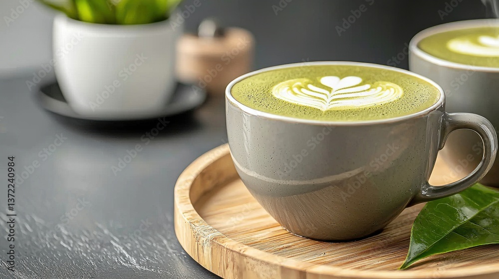 A Creamy Matcha Latte With A Delicate Foam Design, Served On A Bamboo Tray, Happy Zen. A Creamy Matcha Latte With A Delicate Foam Design, Served On A Bamboo Tray, Happy Zen.