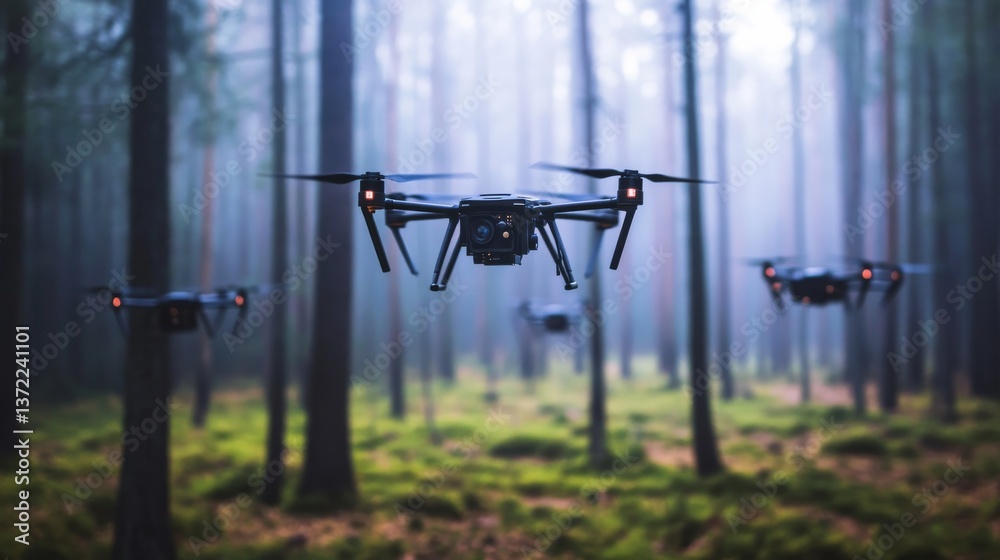 Fototapeta premium A high tech AI powered drone, inspecting power lines for damage in a rural area, utility maintenance setting