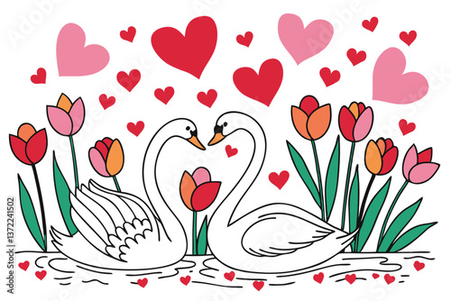 Pink heart-shaped tulips, a cute floral love illustration