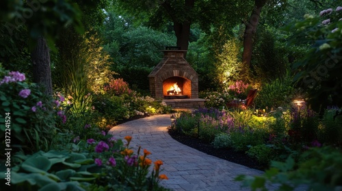 Evening garden path with lit patio fireplace photo