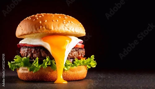 Appetizing huge hamburger with leaking cheese and egg on a dark background close-up