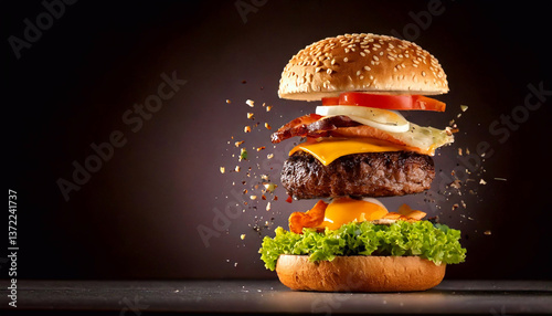 delicious huge hamburger in flight in assembly on dark background