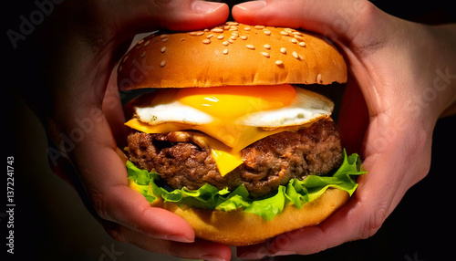 Appetizing hamburger with cheese and egg in hands with large bill on dark background