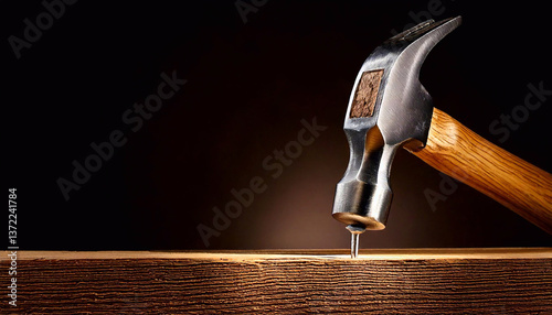 hammer with wooden handle hammering nail on dark background close up
