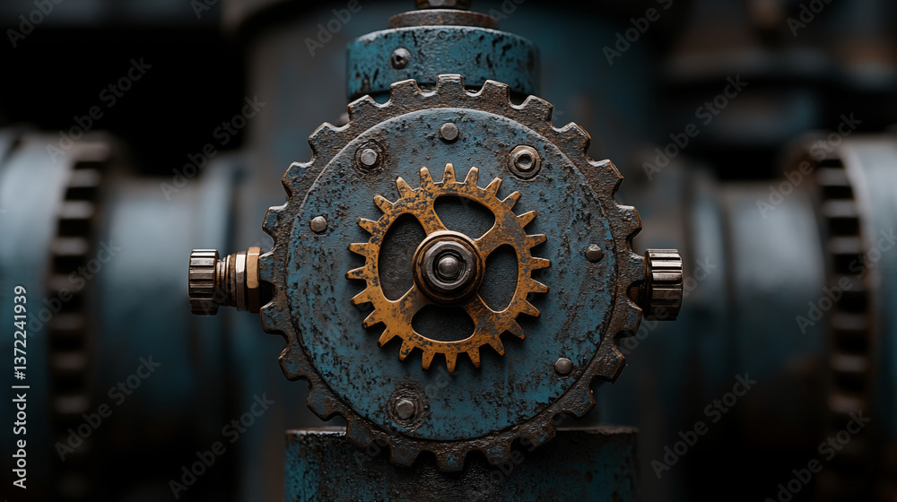 Gear wheel mechanism with rusty gold cog on blue industrial machine, mechanical engineering detail showing interlocking components Gear wheel mechanism with rusty gold cog on blue industrial machine, mechanical engineering detail showing interlocking components