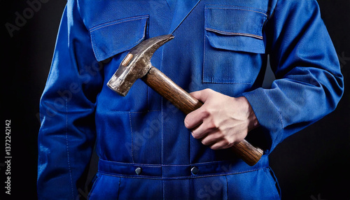 worker in blue overalls with a hammer in his hands without a face