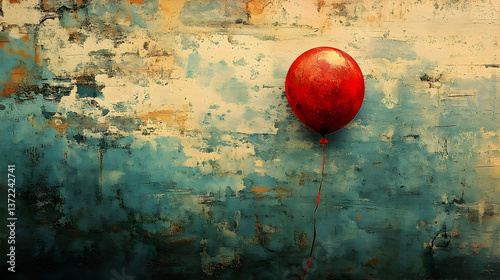A solitary red balloon floating against a textured blue wall