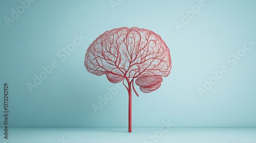 Conceptual illustration of human brain shaped like a tree with blood vessels, symbolizing neurovascular system, growth, and the connection between nature and biology.