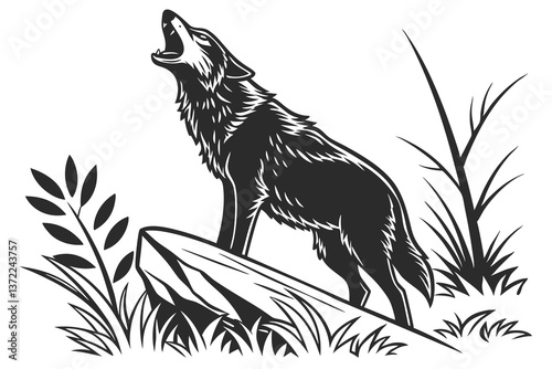Black wolf silhouette, wild mammal vector illustration