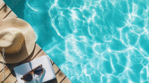 Relaxing by the pool with a sunhat and sunglasses on a sunny day in a tropical location