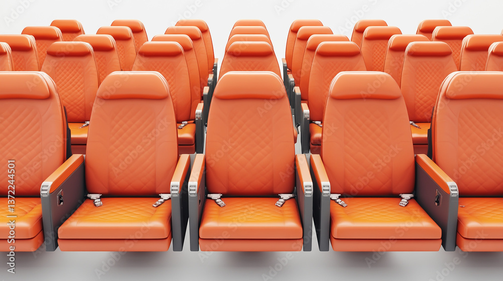 Fototapeta premium Rows of modern coral airplane seats isolated on white background