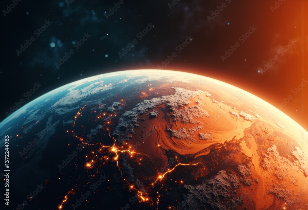 Fototapeta premium Stunning view of Earth from space with glowing cities and atmospheric details