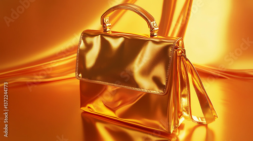 A modern, minimalist golden silky square-cut satchel purse with a flap closure and handles, sometimes a long strap. Featuring a golden  closure for security, sleek and stylish. Simple yet elegant 