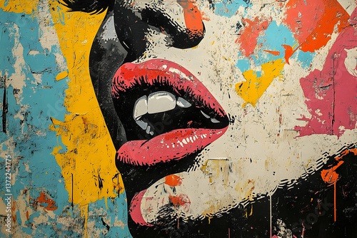 Colorful Pop Art Style Portrait Depicting Open Mouth and Lips