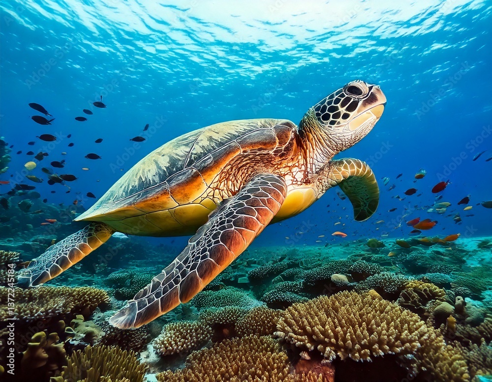 Obraz premium A graceful sea turtle swims gracefully in the clear sea water, with colorful coral reefs and schools of fish surrounding it