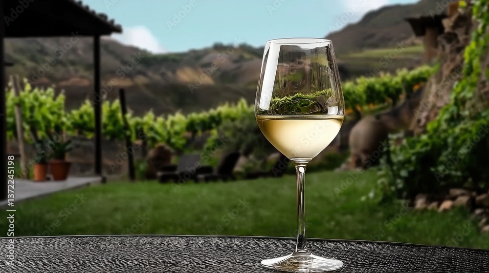 Obraz premium A Glass Of Elegant White Wine With A Vineyard View In The Background, Perfect For Relaxation, Happy Moment.