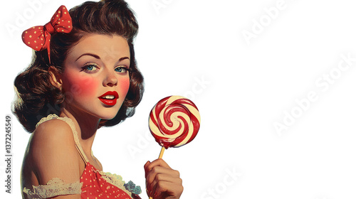 Pin-up girl with lollipop on white background