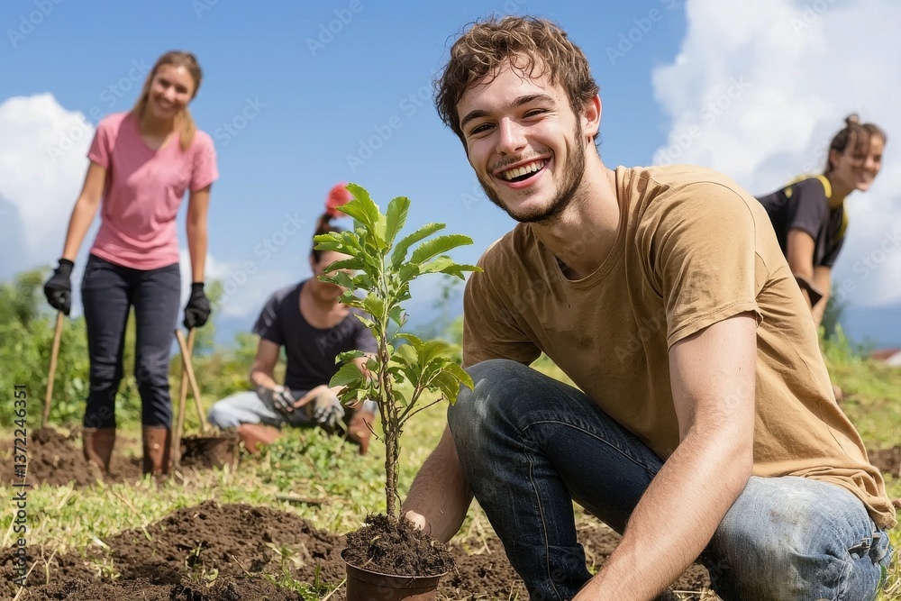 Fototapeta premium A Group Of Environmentalists Planting Trees As Part Of A Global Reforestation Project.