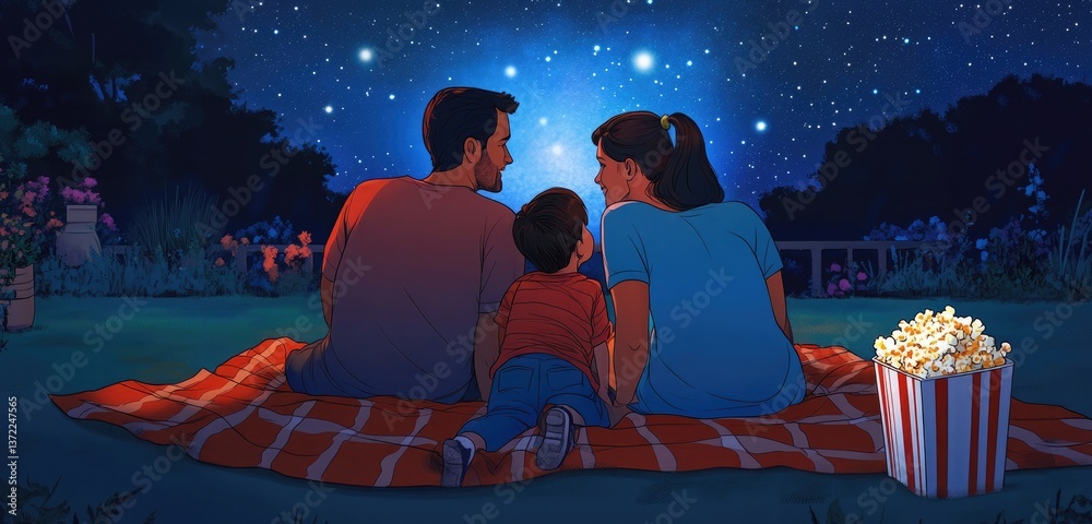 A family enjoying an outdoor movie night, sitting on blankets under the stars with popcorn, as the child leans into their parents, all watching a favorite film together.