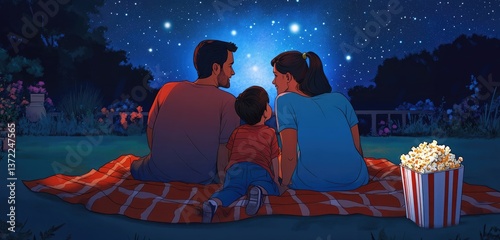 Obraz na płótnie A family enjoying an outdoor movie night, sitting on blankets under the stars with popcorn, as the child leans into their parents, all watching a favorite film together. w salonie