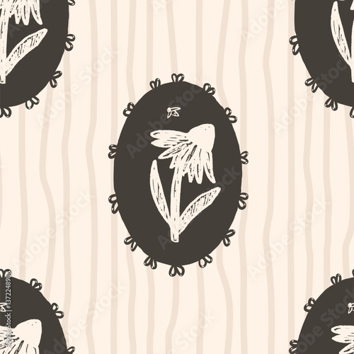 Flowers seamless pattern. floral stencil on vintage frames allover background. Coneflower or daisy in oval border. Vector hand drawn monochrome illustration.