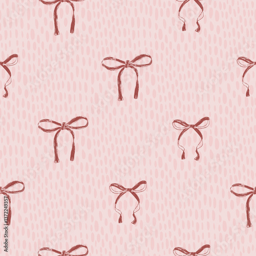 Coquette bows seamless pattern. Retro bowknotes girly endless background. gift ribbons repeat cover. Party crayon drawn continuous ornament.Vector hand drawn illustration.