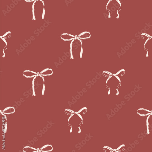 Coquette bows seamless pattern. Retro bowknotes girly endless background. gift ribbons repeat cover. Party crayon drawn continuous ornament.Vector hand drawn illustration.