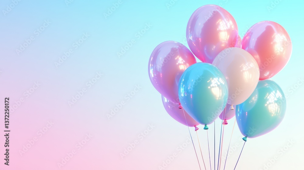 Balloon Bouquet: A vibrant cluster of balloons in soft pastel hues floats gracefully against a gradient backdrop, symbolizing joy and celebration. Balloon Bouquet: A vibrant cluster of balloons in soft pastel hues floats gracefully against a gradient backdrop, symbolizing joy and celebration.