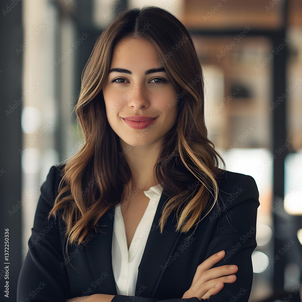 Naklejka premium A woman in a business suit is smiling and looking directly at the camera