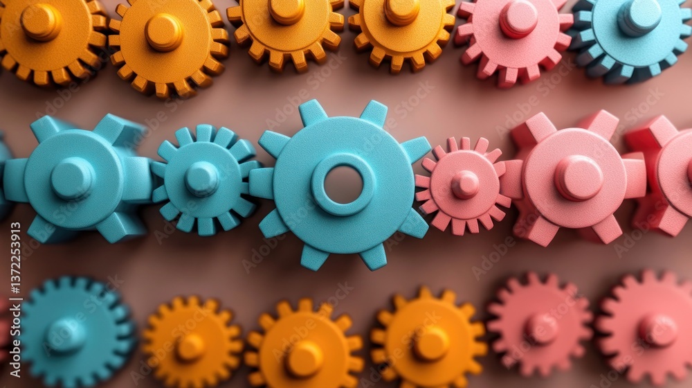 Colorful Gears Interlocking on Beige Background Colorful Gears Interlocking on Beige Background