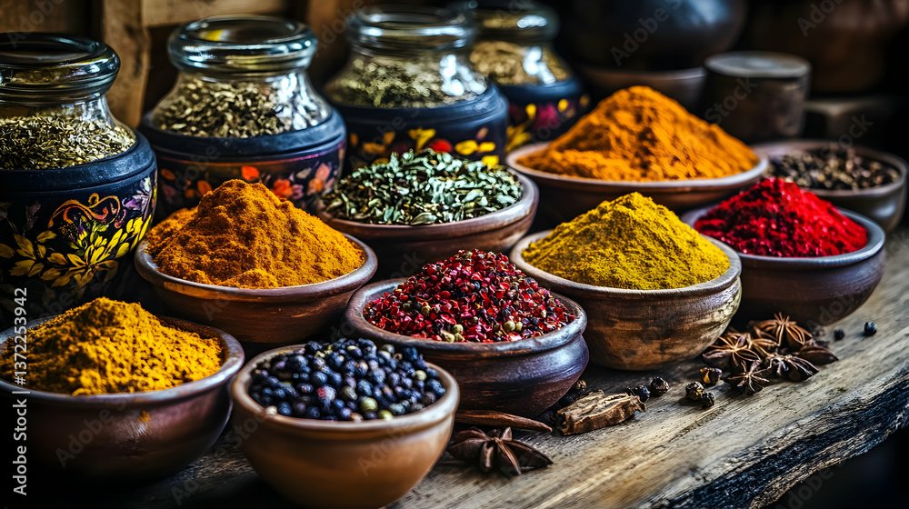 Fototapeta premium Assorted spices in rustic bowls on wooden table