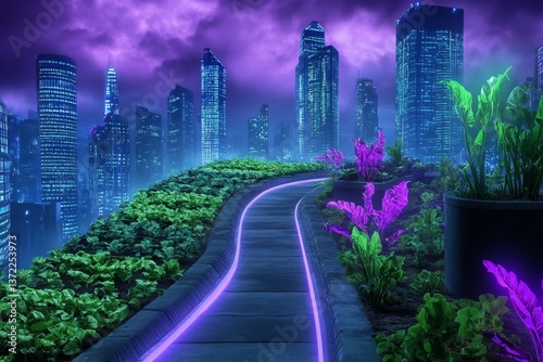 A cyberpunk-inspired urban farm, with glowing neon hydroponic gardens inside a futuristic megacity