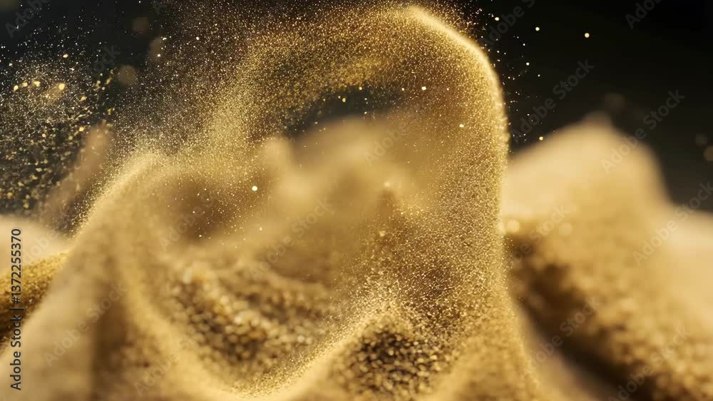 Witness a captivating display of shimmering golden sand particles swirling and floating through the air against a dark background
