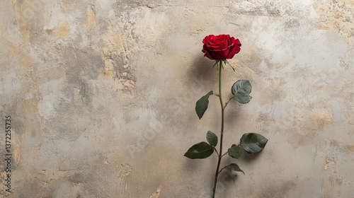  A single long-stemmed red rose elegantly arranged against a neutral background for a timeless look 