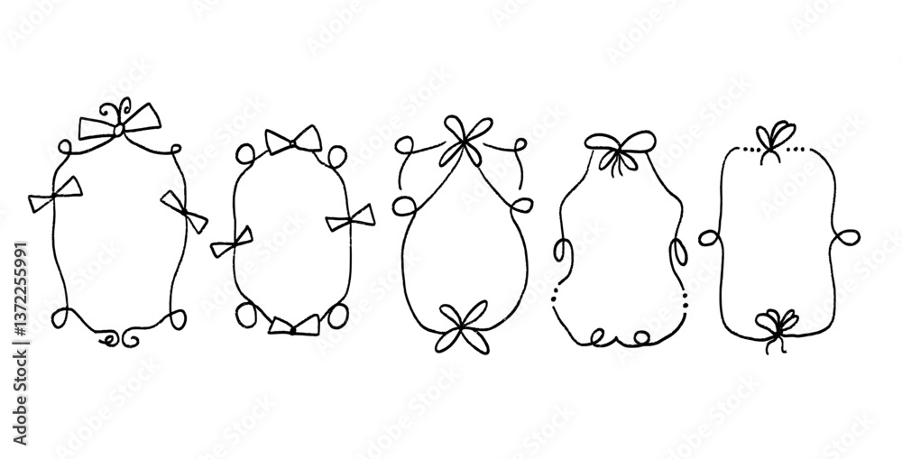 Vintage bows coquette frames set. Charcoal or pencil drawing Christmas decoration. Vector black borders for birthday party, picnic invitation. Templates with ribbon for festive and journal emphasis.