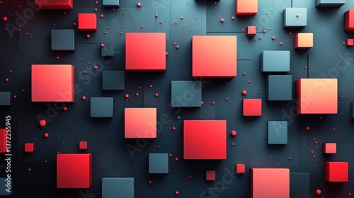 Colorful cubes on dark surface, scattered spheres, abstract background
