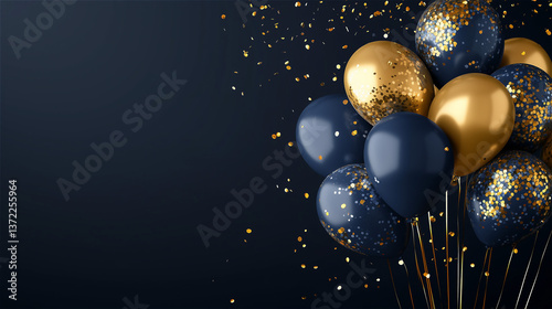 Banner on a blue background with balloons and golden confetti