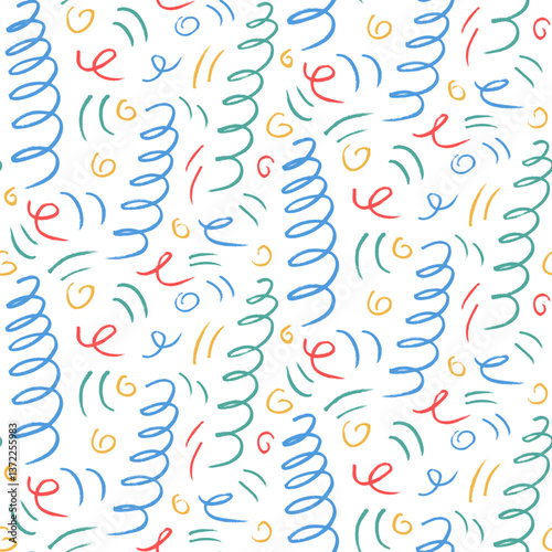 Squiggle childish crayon lines seamless pattern. Geometric kids party endless background. Fun confetti repeat cover. Surface pattern design festive motif. Vector hand drawn illustration.