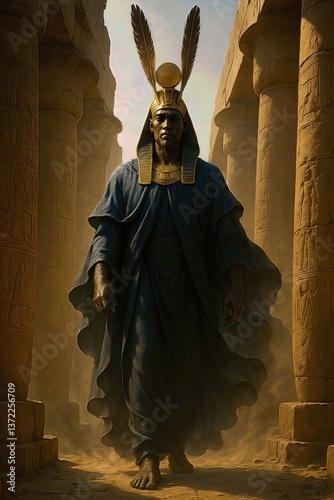 Amon stepping out of the ancient Karnak temple at sunrise. His tall feathered headdress and flowing robes pulse with celestial energy. Golden rays illuminate the monumental columns