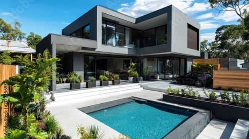 Modern home exterior with pool and landscaping. Backyard design showcasing a contemporary style house. Suitable for real estate, architecture, or design photo