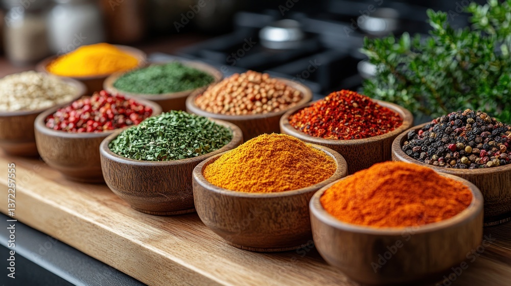Colorful spices in wooden bowls on a kitchen counter, herbs in the background Colorful spices in wooden bowls on a kitchen counter, herbs in the background